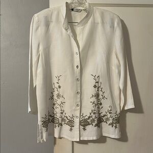 Carole Little Vintage Linen Cream Embroidered Blouse, Size L
